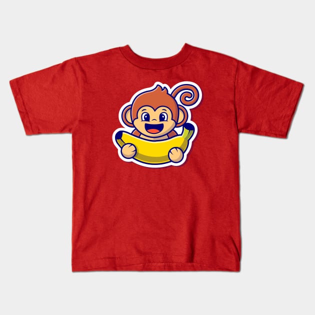 Cute Monkey Holding Banana (2) Kids T-Shirt by Catalyst Labs